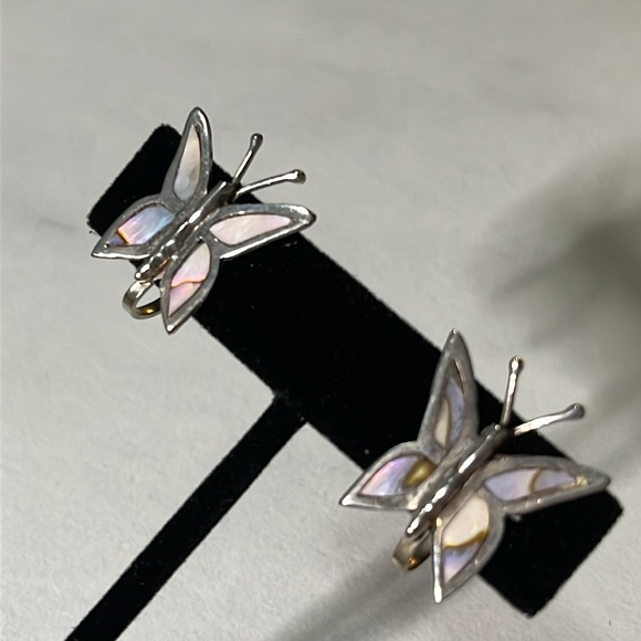 TAXCO Mexico RM Sterling Silver Abalone Inlay Butterfly Screw Back Earrings 925 - Picture 9 of 14